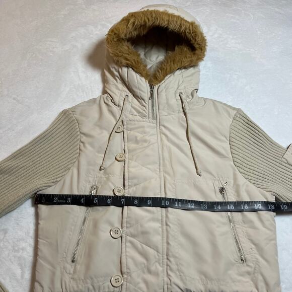Glimmer Full Zip Knit Jacket w/ Fur Trim Hood Size L Y2K Hip Hop Neutral Casual - Picture 7 of 8